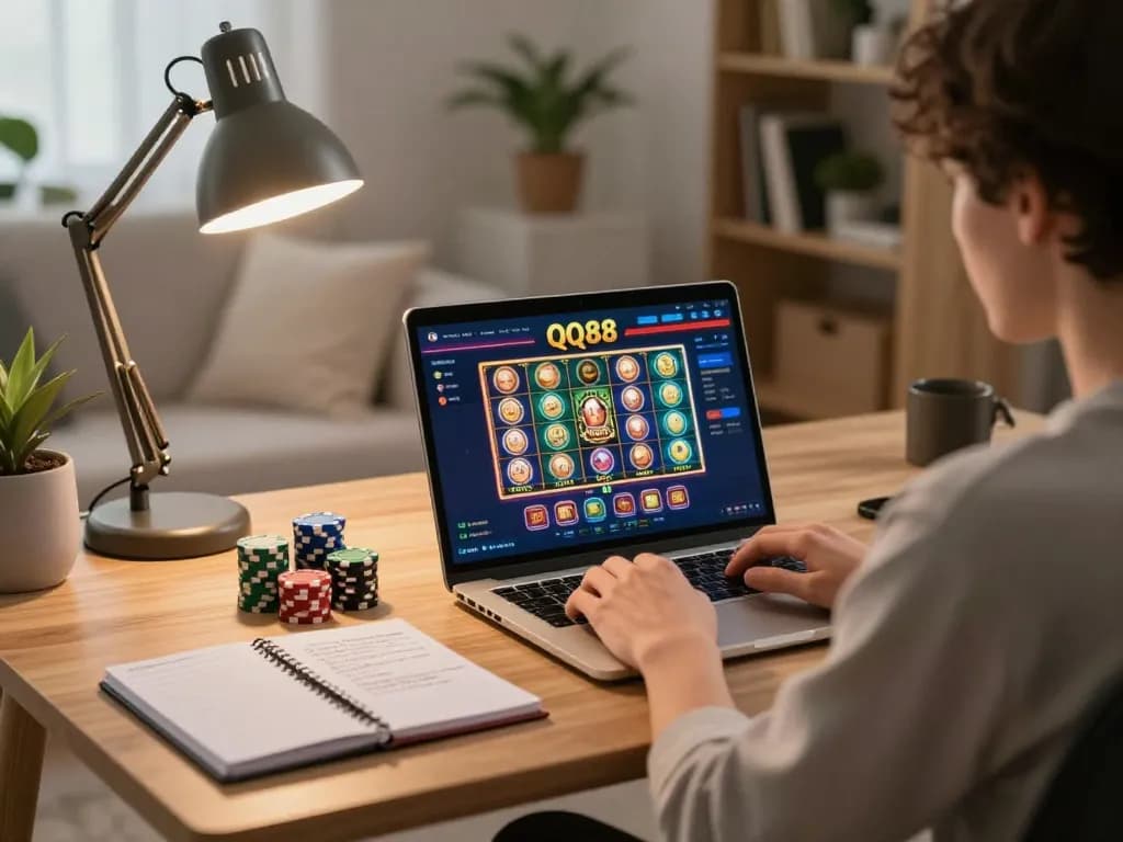 Engaging player immersed in online QQ88 slot gaming at home with strategic notes.