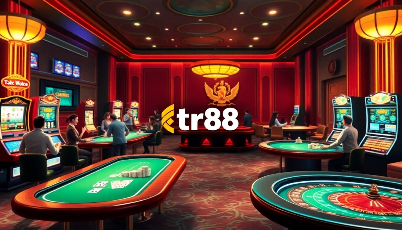 Experience the excitement of tr88 game at a luxurious online casino with vibrant gaming elements.