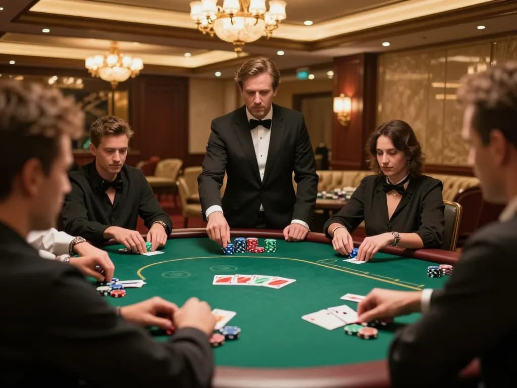 KUWIN poker players strategizing during high-stakes game in luxurious casino.