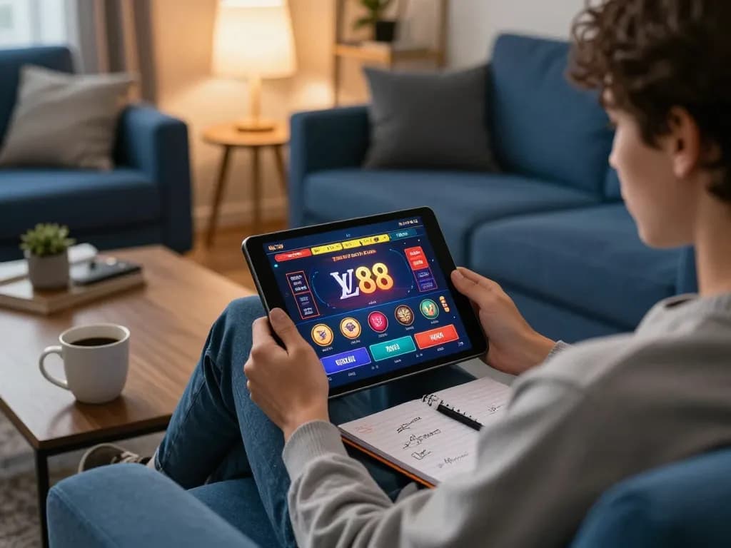 Engaging in online LV88 casino gaming on a tablet in a cozy home setting.