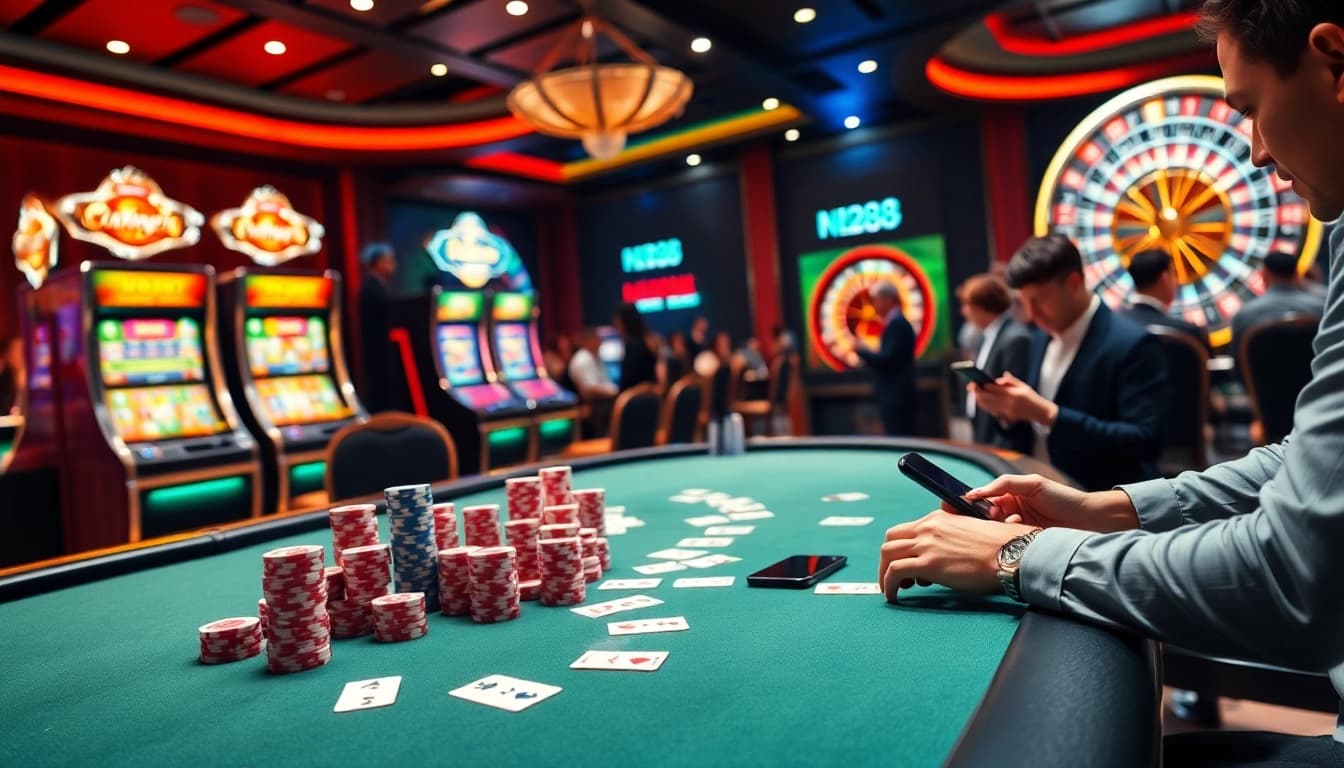 Experience the thrill of nk88 with players engaging at a vibrant casino table, enhanced by luxury gaming elements.