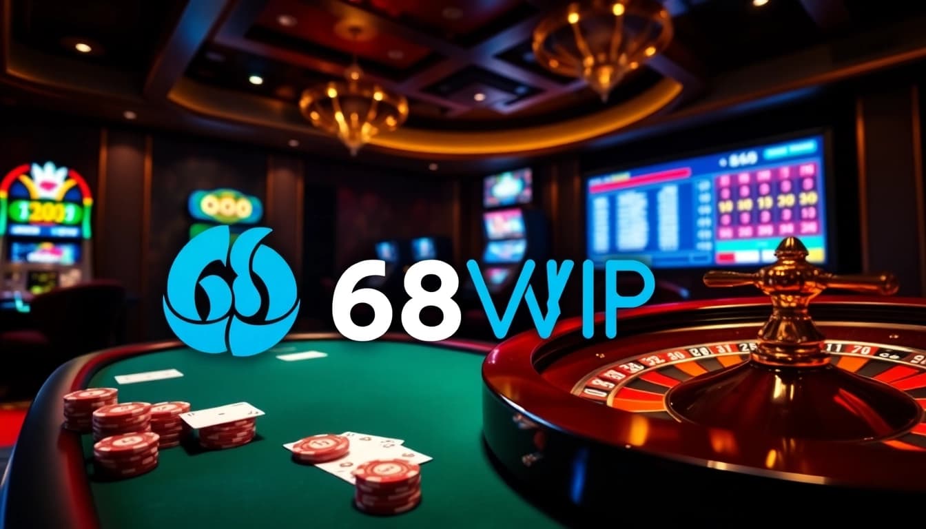 Experience the excitement of 68VIP online gaming with a luxurious poker table and vibrant slot machines.
