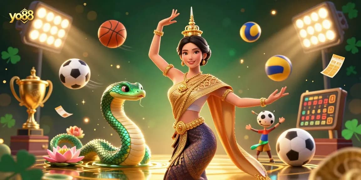 Experience thrilling gameplay at yo88, with a beautiful Thai dancer and Naga serpent atop a vibrant casino scene.