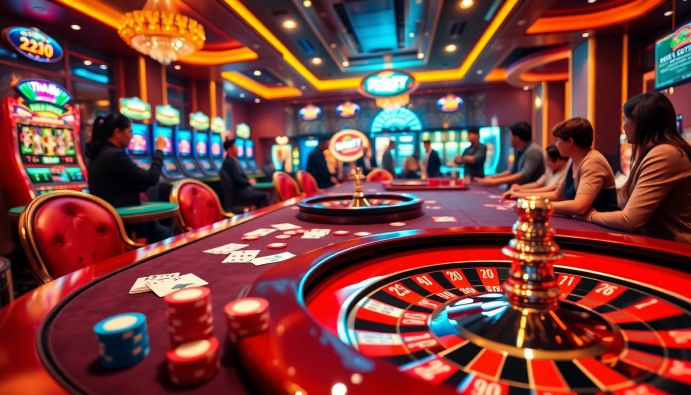 Thrilling poker game at Thabet77 casino featuring vibrant chips and cards