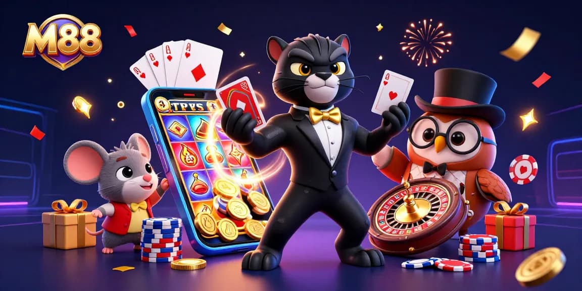 M88 offers engaging online casino experience featuring a stylish panther, owl, and mouse amidst vibrant game elements.