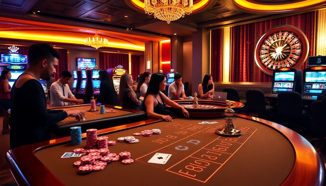 Excited players engaged in high-stakes games at SODO Casino's luxurious tables.