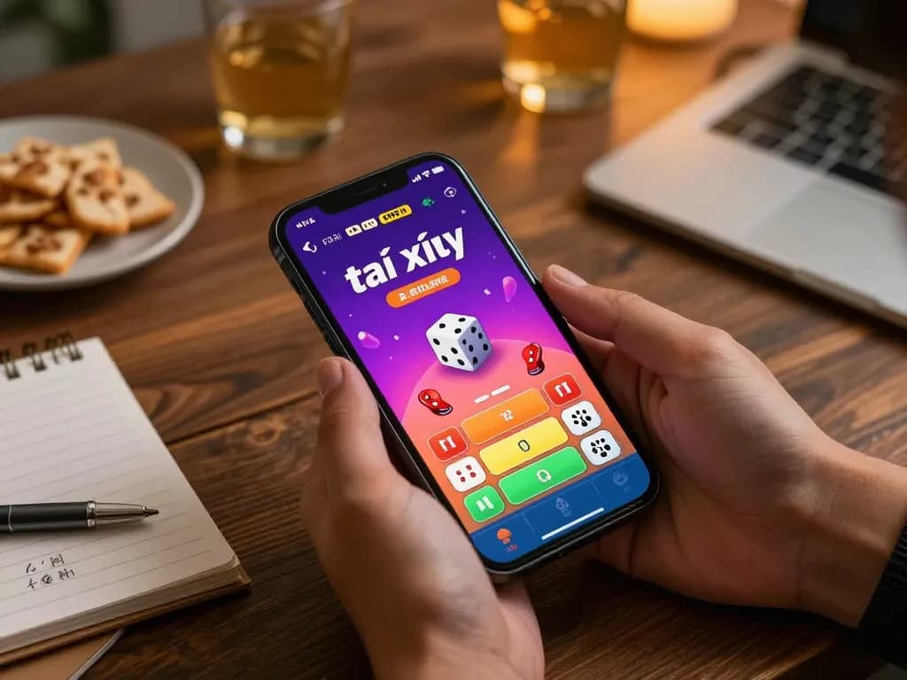 Active player engaging with app tài xỉu on smartphone in a cozy gaming setup