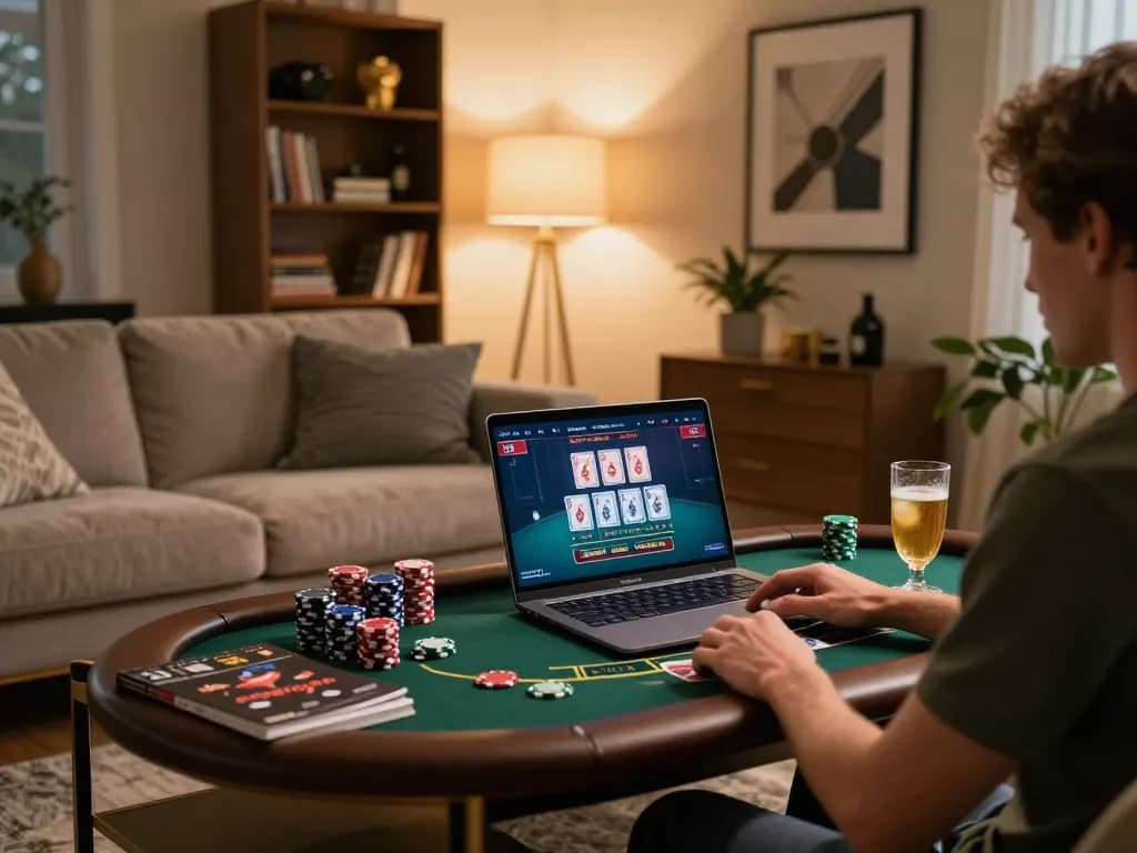 Engaging in strategic online blackjack gameplay with GK88 on a modern laptop in a cozy living room.