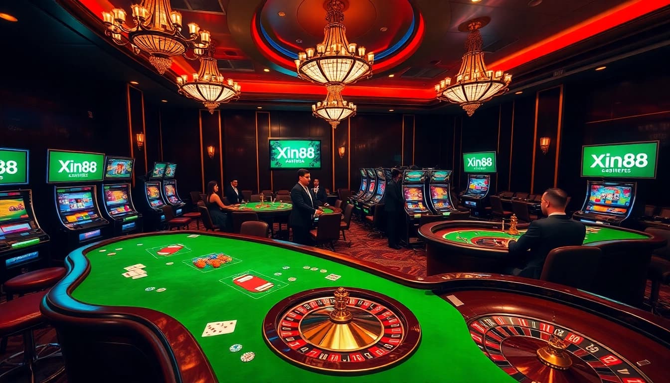 Visitors are placing bets at the dazzling Xin88 online casino, showcasing vibrant tables and thrilling gameplay.