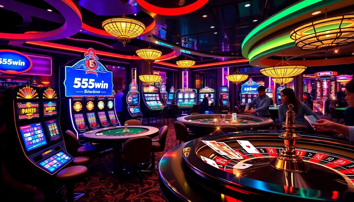 Players enjoying a thrilling game experience at 555win casino with vibrant slot machines.