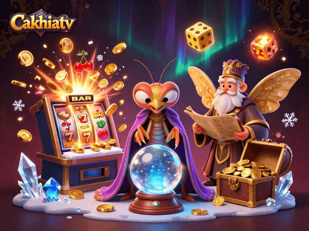 Cakhiatv showcases a vibrant casino scene with a fortune teller and a librarian amidst a jackpot explosion.