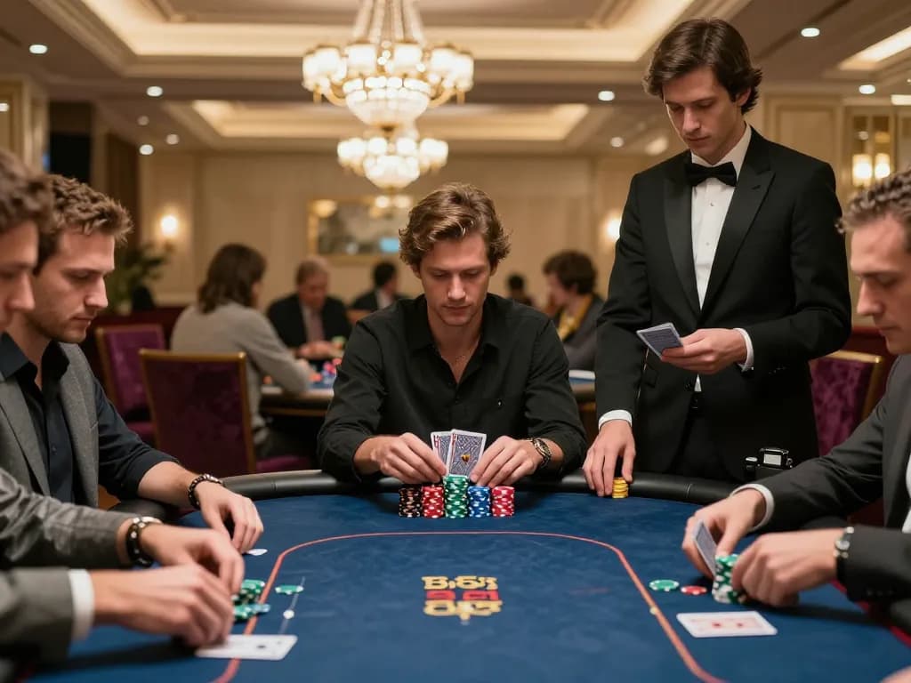 BL555 players engaging in a thrilling poker game at a luxury casino table, showcasing strategic betting.