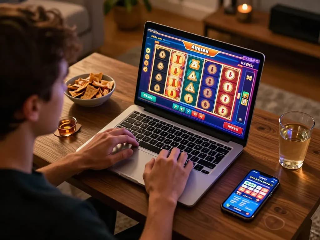 Playing online slots at home on a laptop, with colorful reels visible on screen, showcasing the exciting gaming experience at https://92slot.net/.