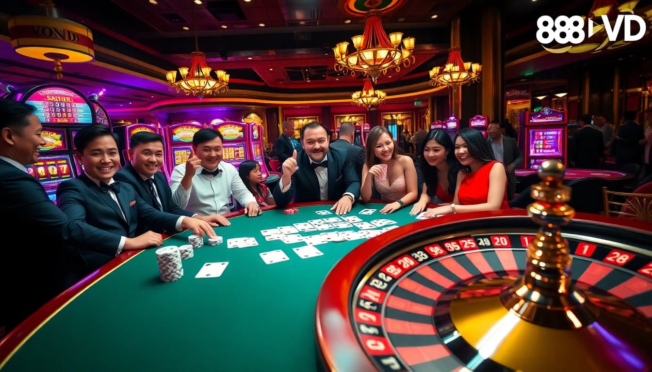 Experience the thrill of gambling at 888VND with a luxurious poker table and excited players.