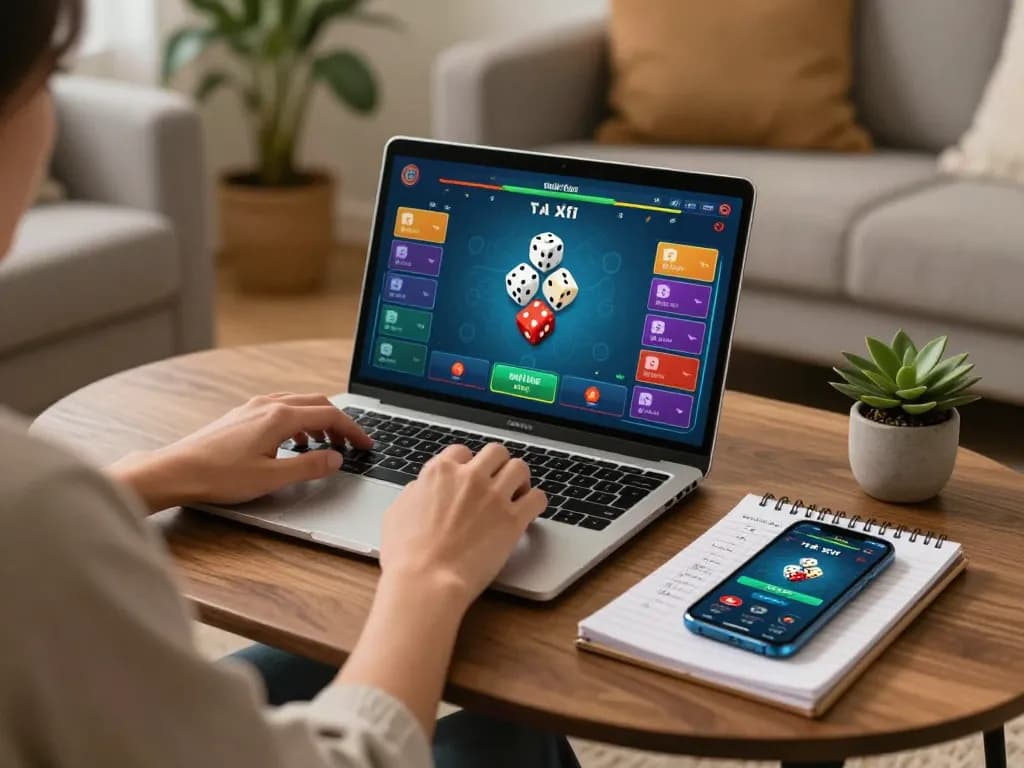 Tài xỉu online gaming from home with a player focused on strategy notes and gaming interface.