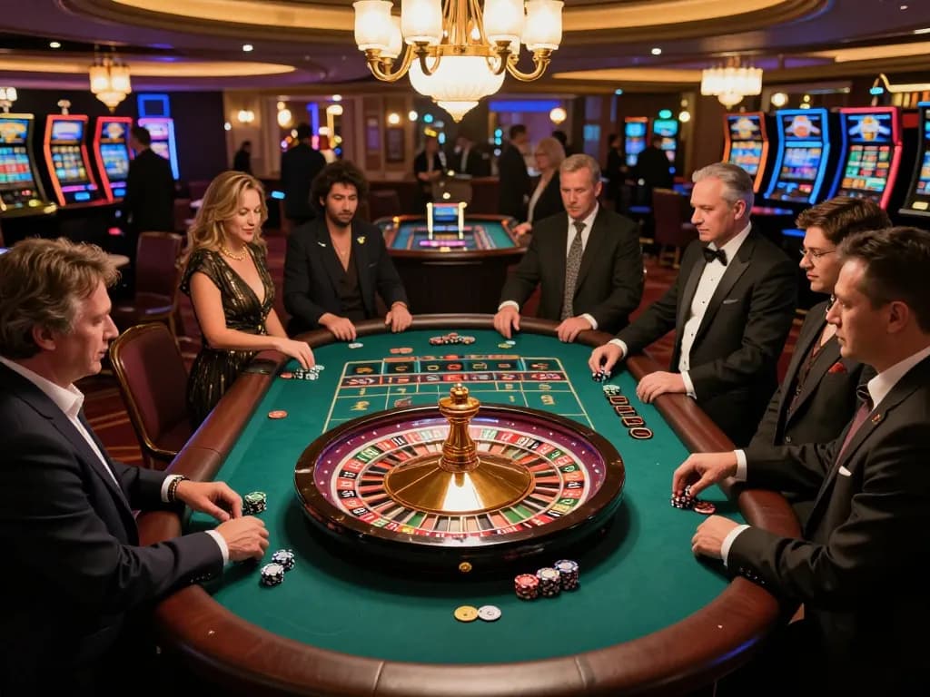 Players engaging with a roulette table at an upscale casino, embodying the thrill of 7m gaming.