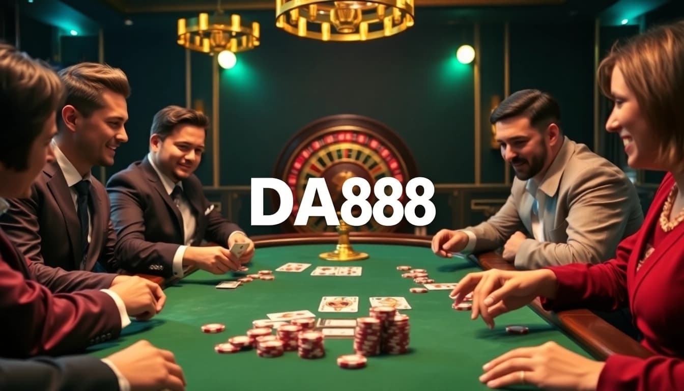 Players experience the thrill of DA88 through high-stakes poker action at a luxurious casino table.