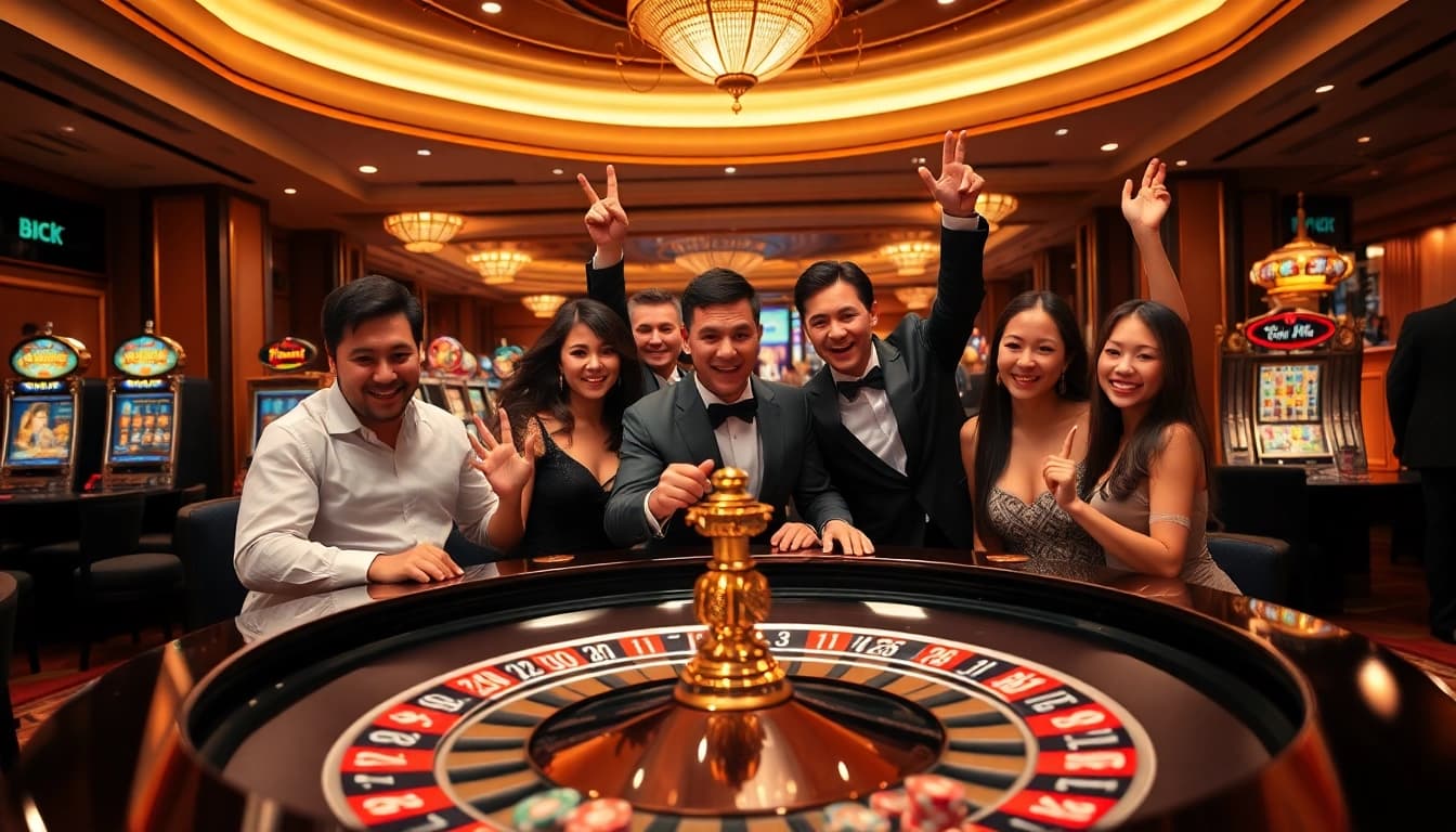 Players enjoying lively action at https://luck8k.cn.com casino, with roulette and vibrant slot machines.