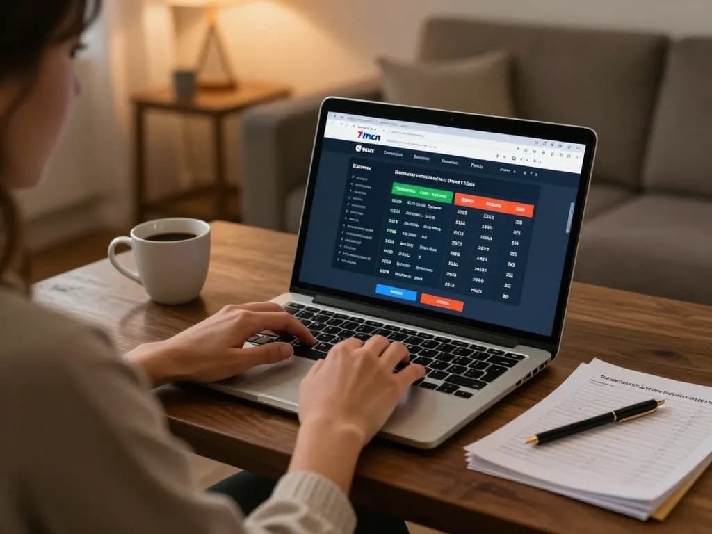 Person engaged in online sports betting on 7mcn, showcasing betting odds on laptop screen in a cozy living room