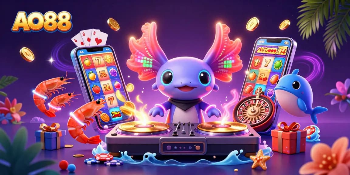 Engage in the vibrant AO88 casino atmosphere with a neon axolotl DJ and lively characters.