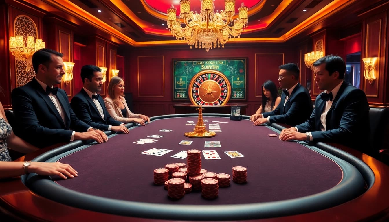 Engaging poker scene with Sunwin branding, featuring vibrant casino table essentials.