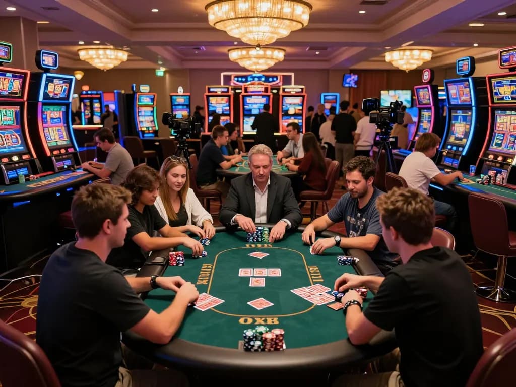 Players enjoying an exciting casino atmosphere with poker tables and vibrant Ax88 slot machines in view.