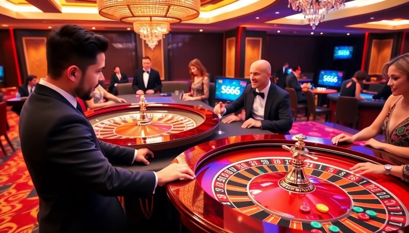 S666 casino players enjoying a thrilling round at a roulette table with vibrant decor.
