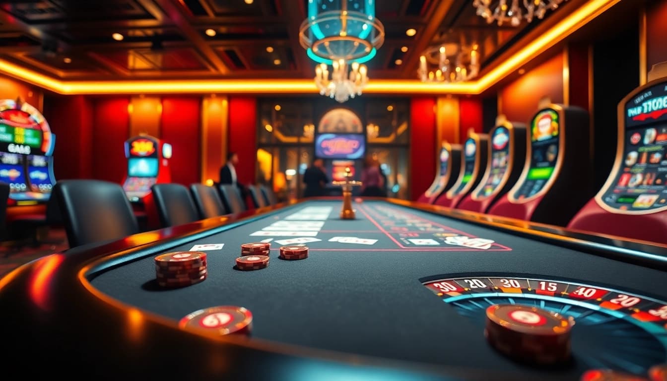 Engaged players at a luxurious casino featuring the branding of https://mmoo.de.com/, with tables, chips, and vibrant slot machines.