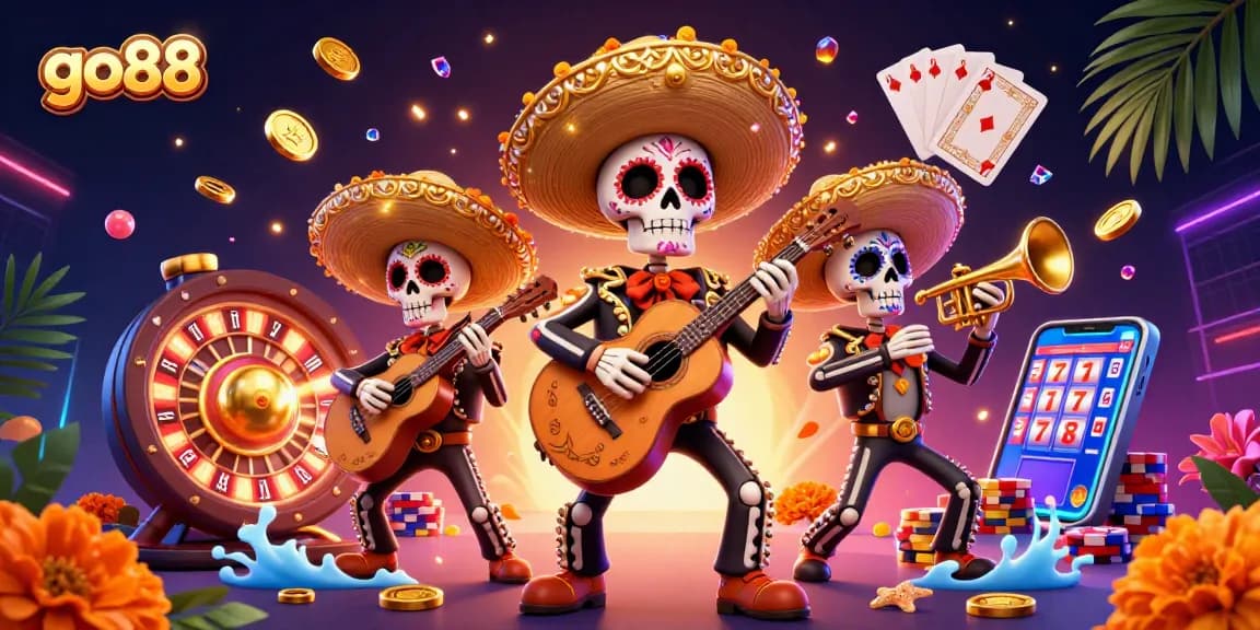Engage with the vibrant go88 mariachi-themed casino scene featuring cards, chips, and spinning roulette.