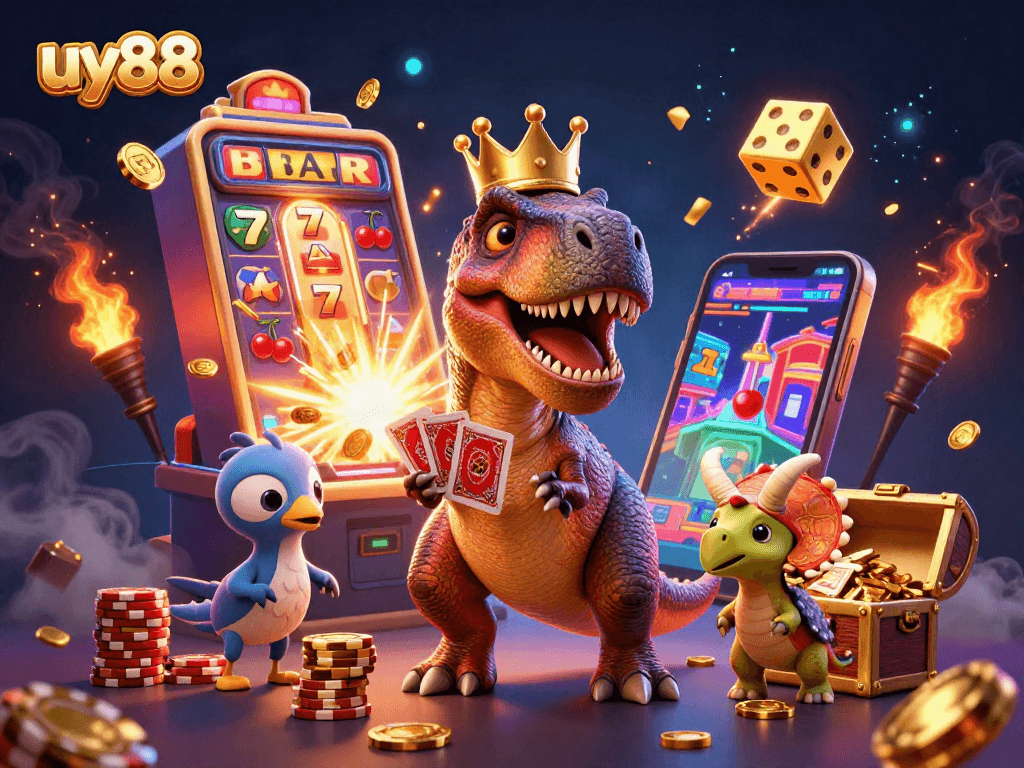 Engage in thrilling slots action with uy88 alongside playful dinosaur characters and winning jackpots.
