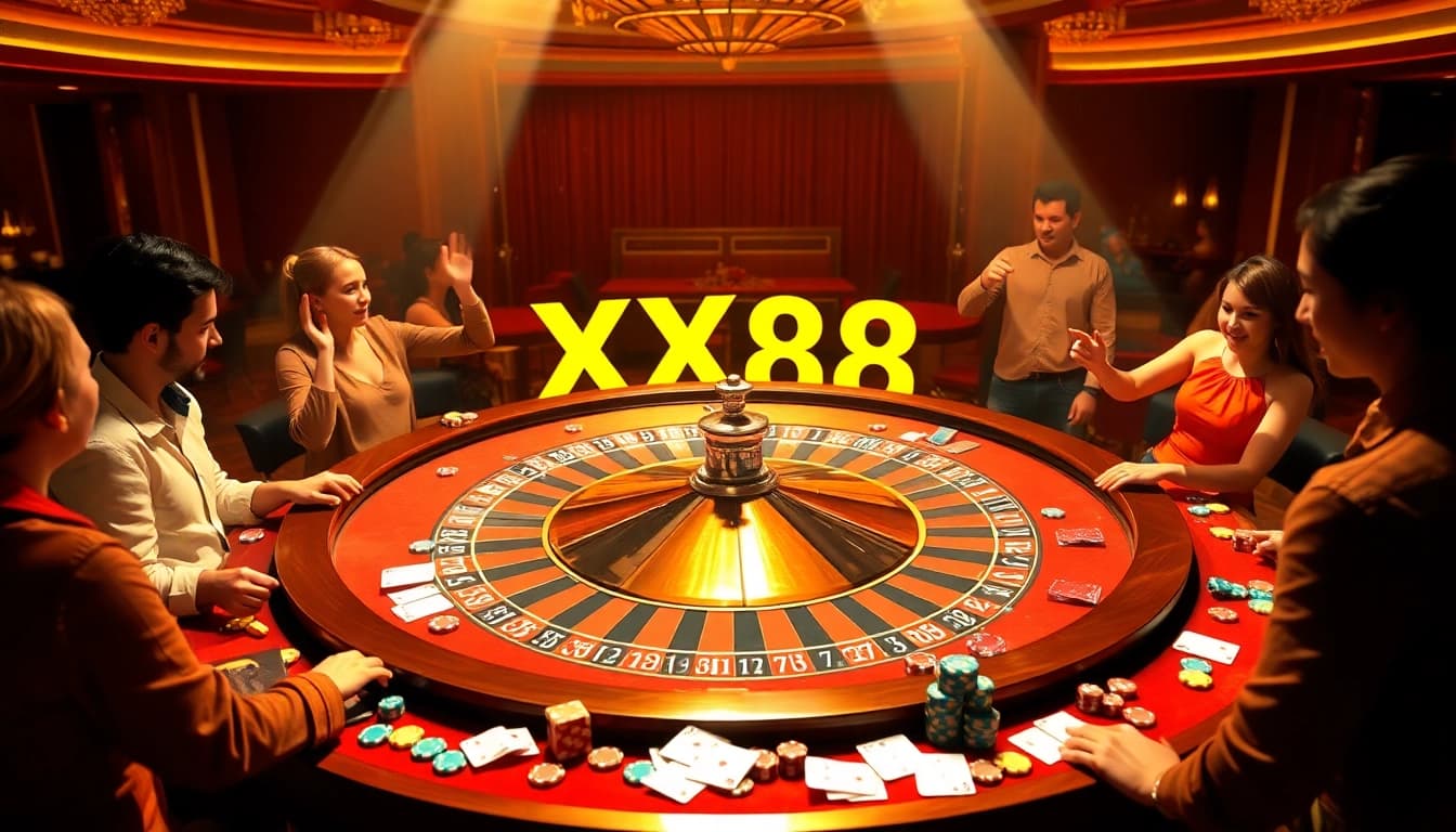 Players placing bets at a luxurious casino roulette table featuring vibrant XX88 graphics.