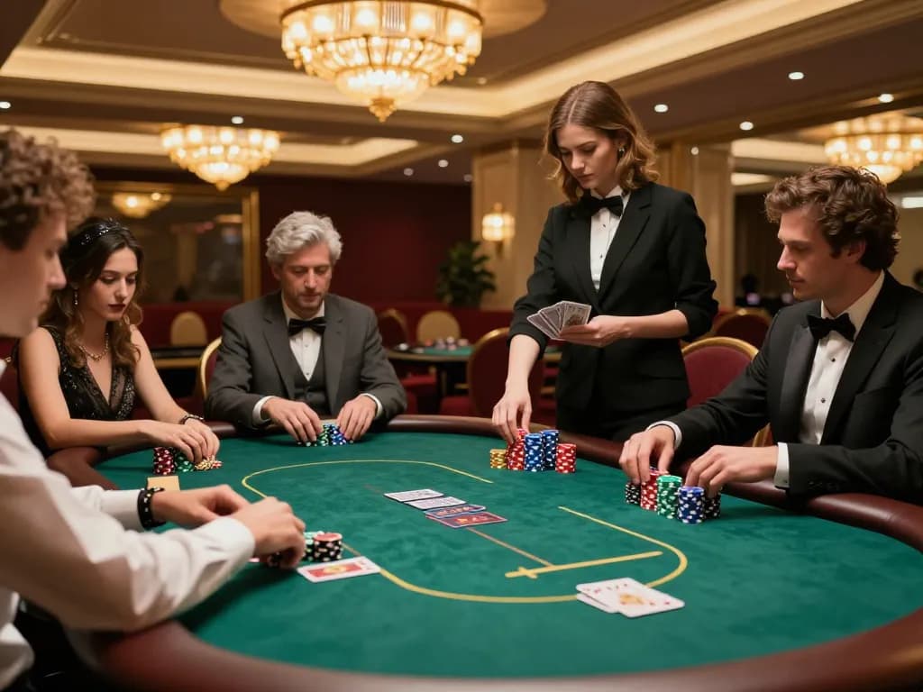 uu88 players strategizing at a luxurious poker table in a vibrant casino atmosphere