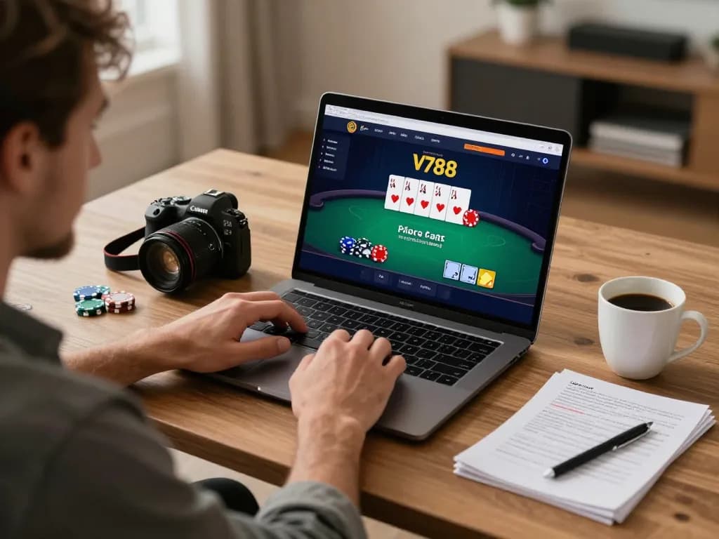 Player engaging in online poker at https://v788.biz/ showcasing an inviting home gaming setup.