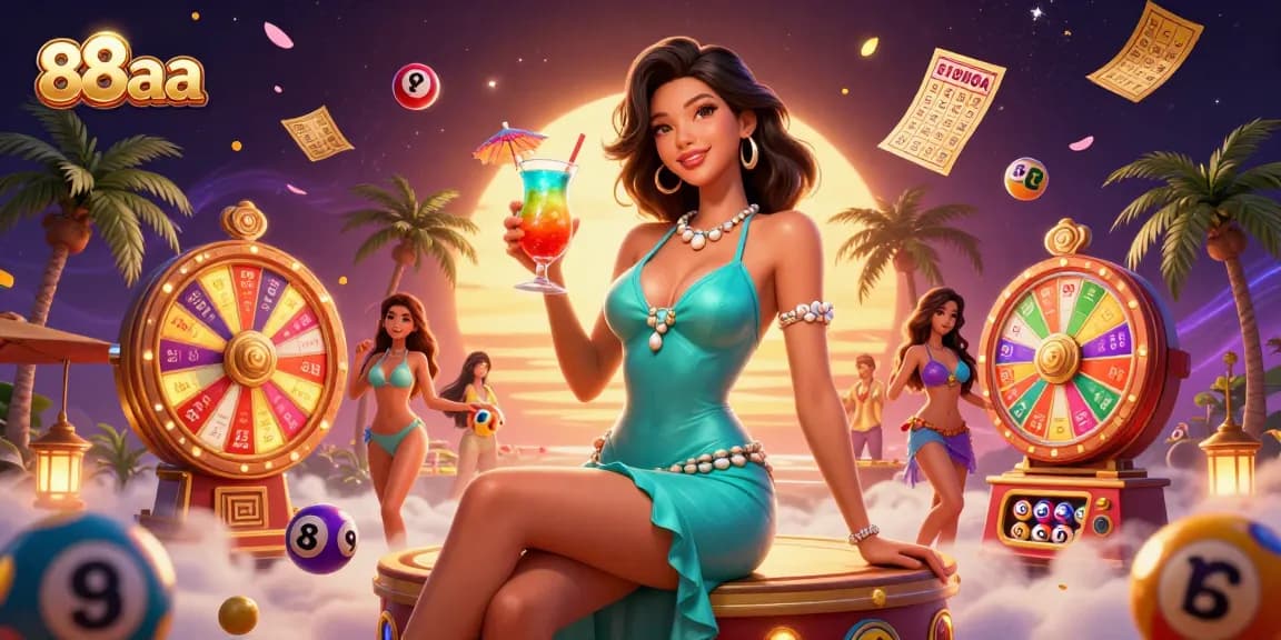 Experience dynamic 88aa gameplay: vibrant casino scene with lottery elements and prizes.