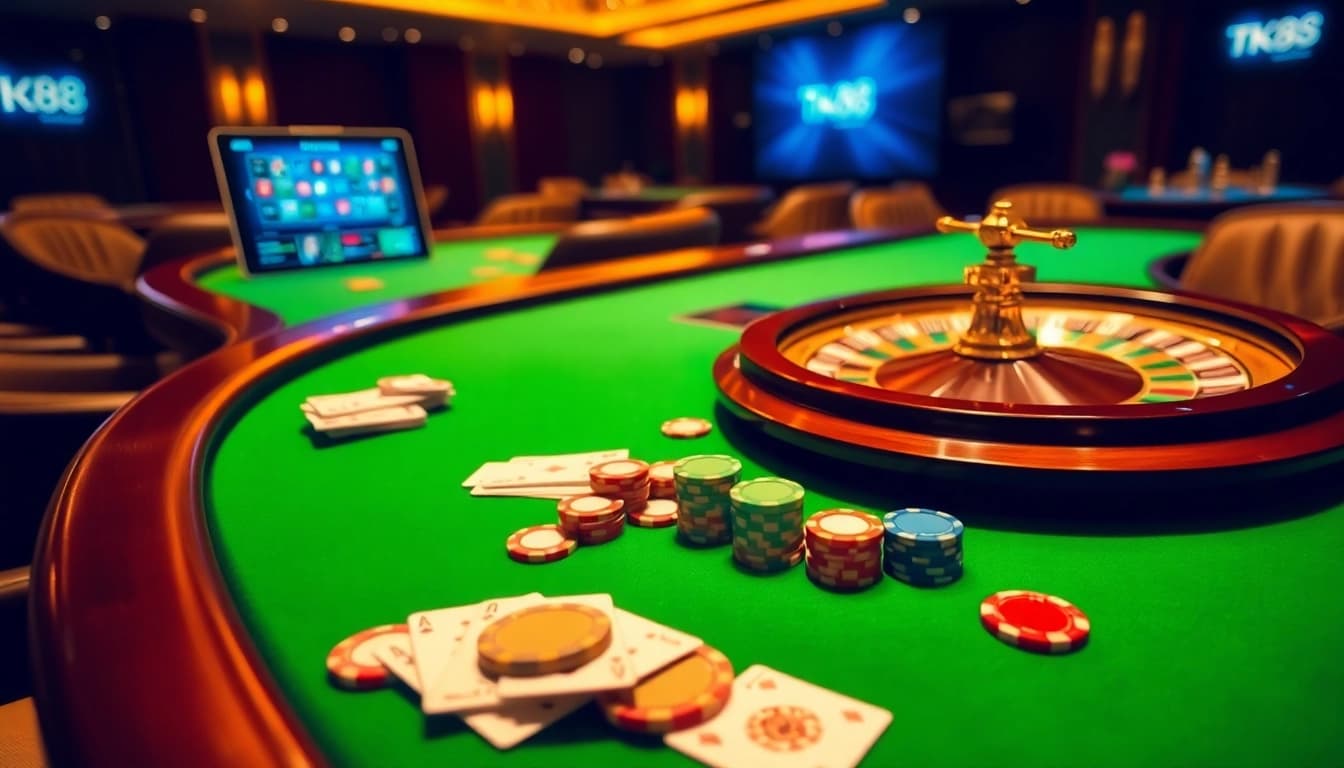 Experience the thrill of tk88 at a luxurious casino table with vibrant poker chips and cards.