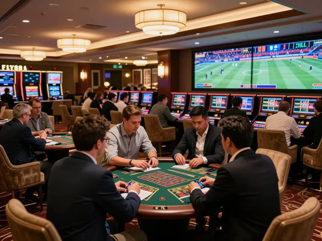 Excited bettors analyzing odds while enjoying live sports betting at FLY88.