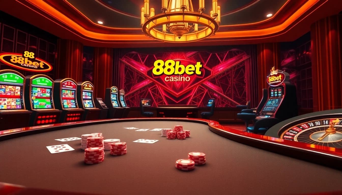 Experience thrilling gameplay at 88bet with vibrant online gaming elements, including poker chips and roulette.