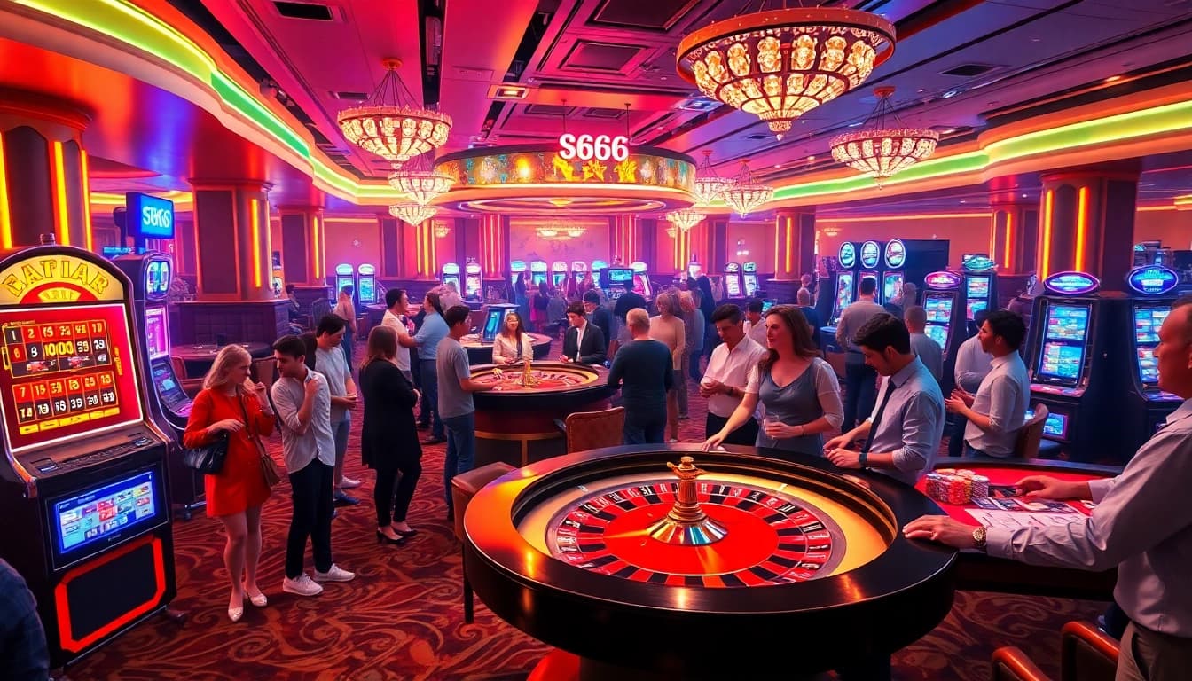 S666 Casino scene with players engaging in thrilling roulette and vibrant slot machines.