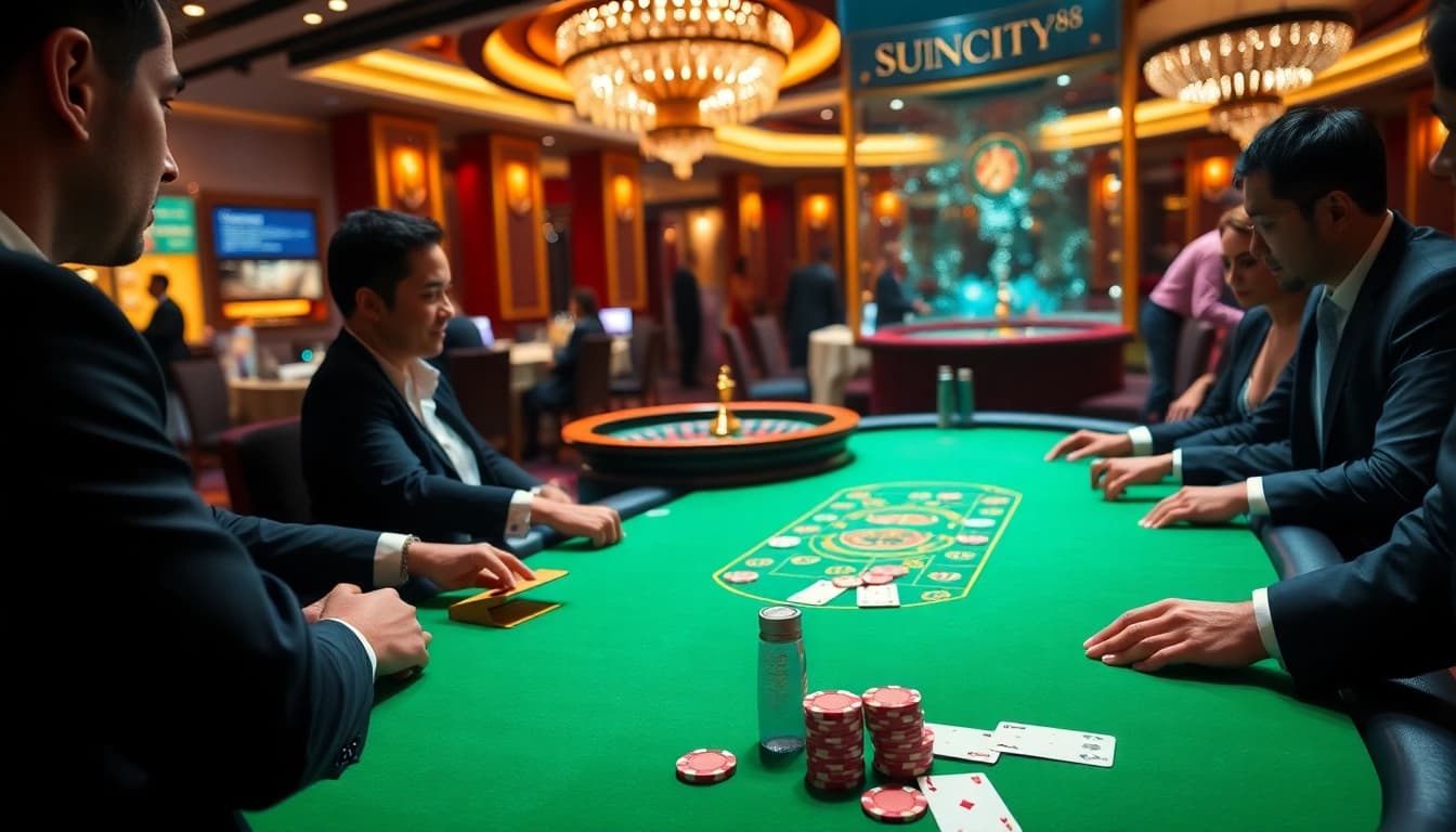 Players engaged in an intense poker game at SUNCITY88 casino, surrounded by vibrant lights.