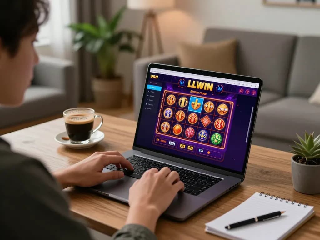 Playing LLWIN online casino games on a stylish laptop setup with vibrant graphics and cozy atmosphere.
