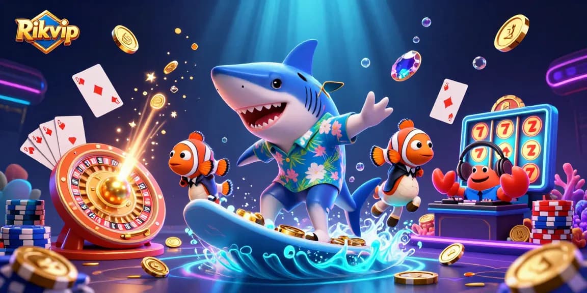 Rikvip's vibrant casino scene featuring energetic characters and dynamic gaming elements.