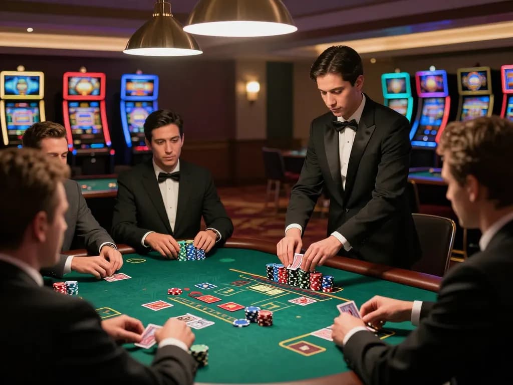 F8bet players intensely strategizing during high-stakes blackjack game at elegant casino table