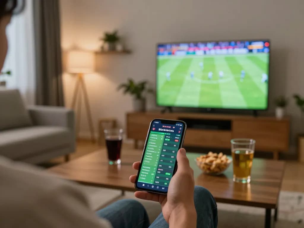 Engaged user analyzing keo nha cai 5 odds on smartphone while enjoying a football match at home