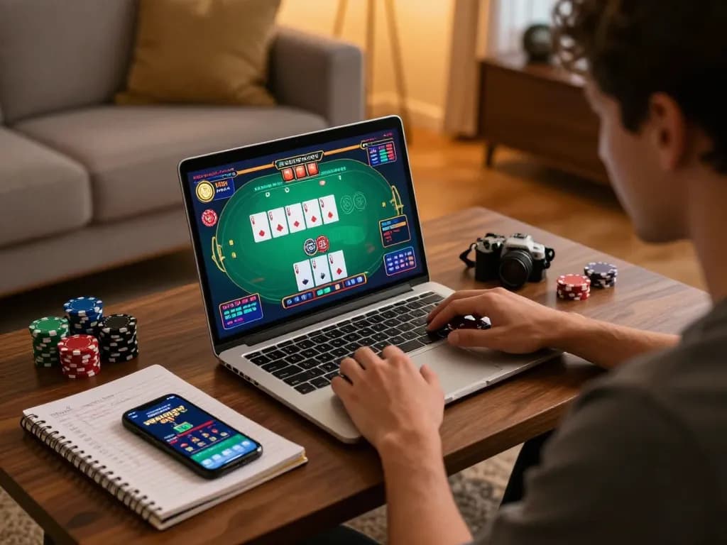 FLY88 player strategizing poker gameplay on a laptop in a cozy home setting.