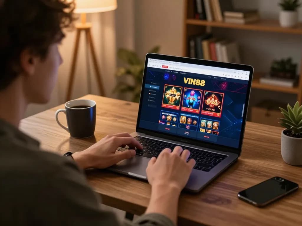 Engaging in online betting at VIN88 casino, showcasing a cozy home gaming setup.