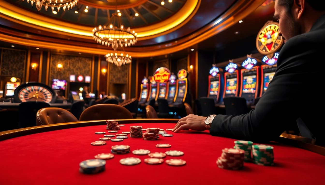 Joyful player placing bets at a luxurious casino table, showcasing excitement at https://hbbet4.art/ with vibrant poker chips and cards.