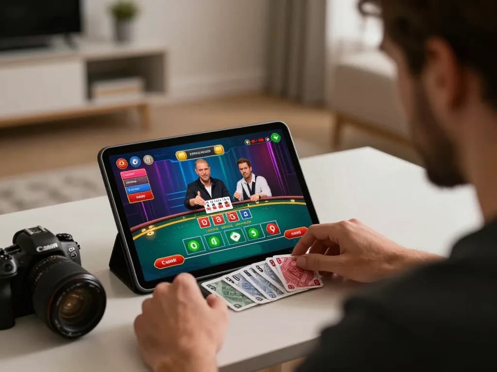 Player enjoying a live casino game on LV88, engaged in strategic betting with a tablet.