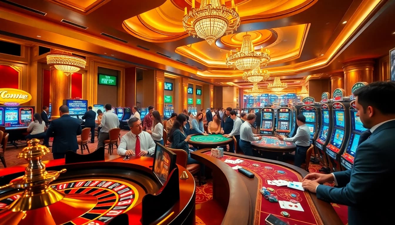 Experience the excitement of winning at https://lc88pro.com/ with a vibrant casino scene featuring roulette and poker tables.