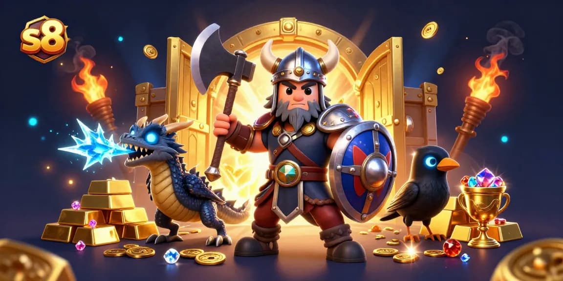 Engage with thrilling gaming at s8, featuring a Viking wolf warrior and magical treasures.