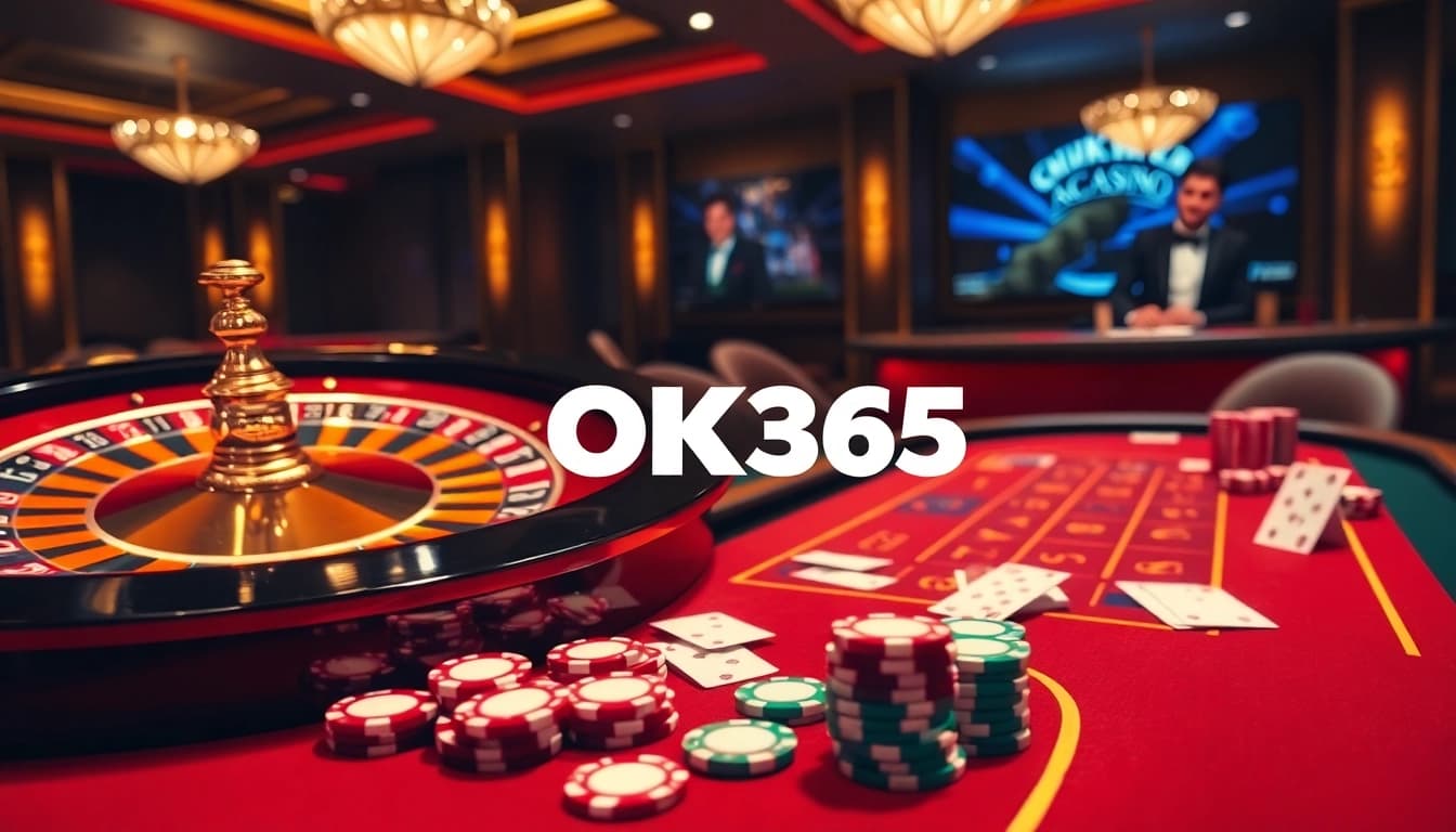 Experience excitement at OK365's modern casino, featuring tables with vibrant roulette wheels and poker games.